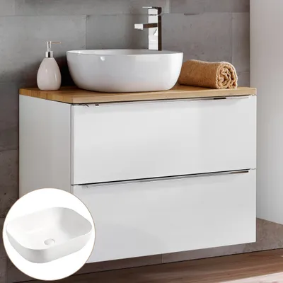 Produktbild von Waschtischunterschrank 80cm mit 50cm Keramikbecken TOSKANA-56, in Wotaneiche & Hochglanz weiß, B/H/T ca. 81/74,5/46 cm