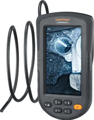 A close-up view of a Laserliner inspection camera with its flexible probe.