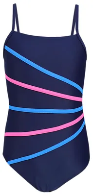 Produktbild von Aquarti Mädchen Badeanzug mit Spaghettiträgern Streifen, Farbe: Dunkelblau / Streifen Rosa Blau, Größe: 134