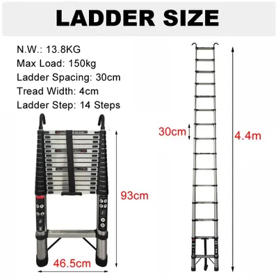 Obrázok produktu pre Teleskopická rebrík – výsuvná rebrík – dĺžka 4,4 m (440 cm) – oceľ podľa normy EN131 – nosnosť 150 kg – 2 odnímateľné háky