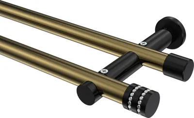 Produktbild von Interdeco Gardinenstange / Vorhangstange Messing Antik / Schwarz, Typ Platon Estana (Glitzerkappe) ohne Ringe, 20 mm Ø 2-läufig, 320 cm