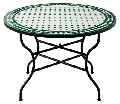 Image de Table marocaine en mosaïque Marrakech Blanc Vert 120 cm, Ø 120 cm, hauteur 75 cm, table de jardin pliante en fer forgé, table de bistrot fabriquée à la main avec un motif géométrique blanc et vert, style oriental