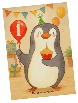 Produktbild von Mr. & Mrs. Panda Postkarte 1. Geburtstag Pinguin Luftballon Design - Weiß - Geschenk, Happy Birthday, Grußkarte, Ansichtskarte, Ansichtskarten, bildkarte, Geburtstage