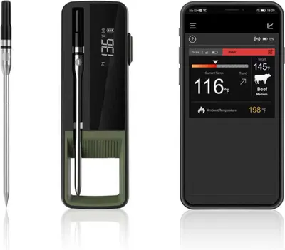 Produktbild von Kabelloses BBQ Thermometer Bluetooth 5.2, 304 Edelstahl Sonde, FSTN Bildschirm, Lebensmittelthermometer mit USB-C Akku, für Grill, Smoker, Backofen
