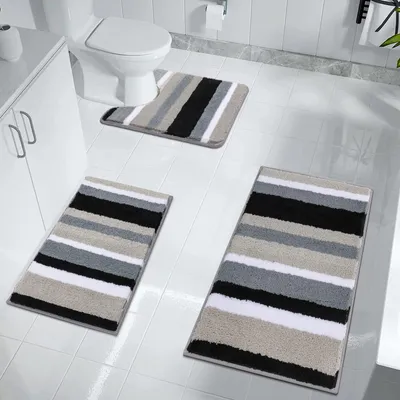 Produktbild von Set aus 3 weichen Badematten und -vorlegern, Mikrofaser, rutschfest, wasserabsorbierend, maschinenwaschbar, Badematte und WC-Vorleger für Dusche, Badewanne und Toilette (schwarz)