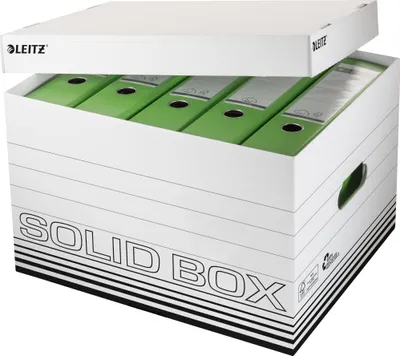 A white storage box filled with green binders, with the lid slightly ajar.