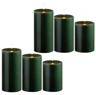 Produktbild von 6er Set Led Kerzen flackernde Flamme mit Echtwachspiegel grün 7,5cm ø 2x 15 cm, 2x12,5 cm, 2x10 cm Höhe, LED Kerzen mit Timerfunktion, 2 AA Batterien nötig, LED Echtwachs Stumpenkerzen warmweiß