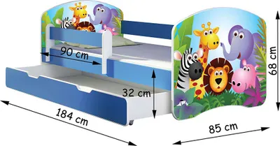 A child's bed with a pull-out drawer and jungle-themed graphics.