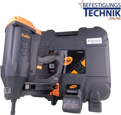 A nail gun, its case, and accessories are displayed against a white background.