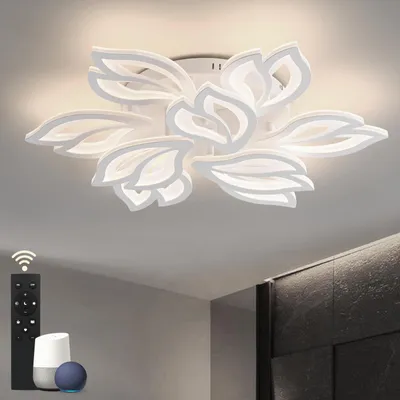 A modern, flower-shaped LED ceiling lamp is shown mounted on a ceiling, with a remote control and smart home devices visible in the foreground.