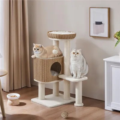 Produktbild von Yaheetech Rattan Kratzbaum Kletterbaum 91cm stabiler Katzenbaum mit Plattformen Katzenhöhle, Beige