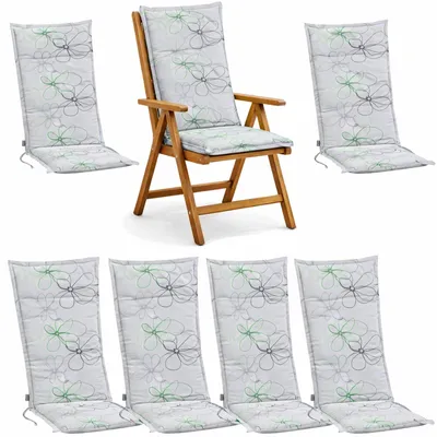 Produktbild von BURI 6x Auflagen Set Hochlehner für Gartenstühle 120x48x7cm Sesselauflagen Polster UV Lichtecht - Gartenstuhlauflagen Blumen Muster Stuhlkissen mit Dicker Schaumstoff Füllung (Grau)