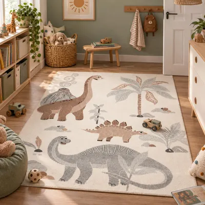 Produktbild von Kinder Teppich Softstar Kids Dinowelt Grau, Größe:160x230 cm, KI-generiertes Bild