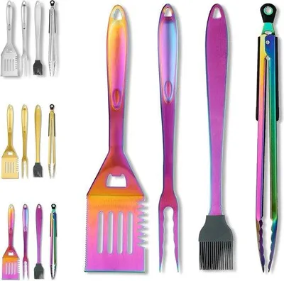 Produktbild von Grillzubehör Set 4-teilig Edelstahl Regenbogenfarben Hitzebeständig Camping