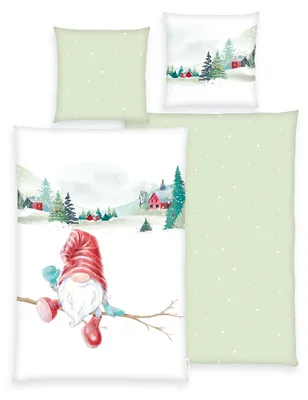 Produktbild von Flanell Bettwäsche - Winter Wichtel - 135x200 80x80 cm Baumwolle Zwerg