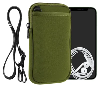 Produktbild von kwmobile Handy Tasche zum Umhängen für XL - 6,7/6,8" - Hülle mit Band - Neopren Cover mit Reißverschluss - 17,2 x 8,4 cm - Necklace Case in Olivgrün