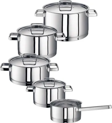 A set of five stainless steel pots and pans of varying sizes, arranged diagonally on a white background.