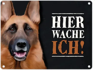 Produktbild von Metallschild mit Schäferhund Motiv und Spruch: Hier wache ich! Metallschild