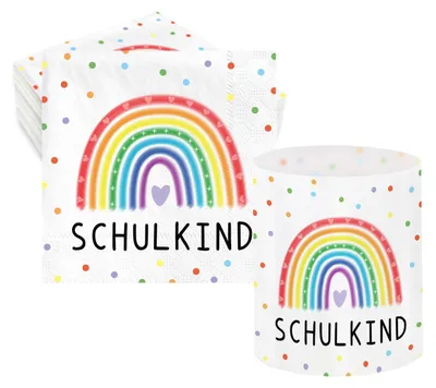 Servietten & Windlichter Einschulung Regenbogen, 52-teilig