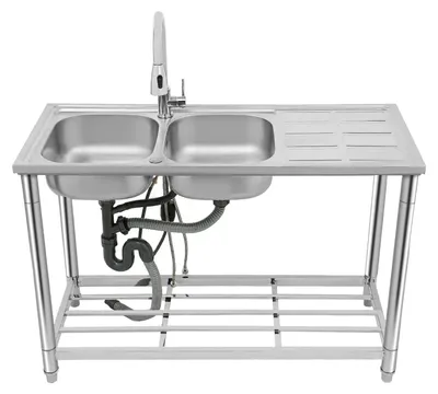 Obrázok produktu pre Kúpeľňový umývadlový drez – stojací, dvojité umývadlo – 120 × 50 × 80 cm – nerezová oceľ – s výsuvnou batériou – otočná o 360° – strieborná farba