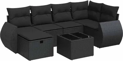 Productafbeelding van vidaXL 7-delige tuinmeubelset met kussens, zwart, polyrotan