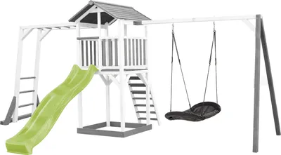 Produktbild von AXI Beach Tower Spielturm aus Holz in Weiß & Grau | Spielhaus für Kinder mit hellgrüner Rutsche, Klettergerüst, Nestschaukel und Sandkasten | Stelzenhaus für den Garten