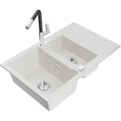 Obrázek produktu pro Mexen Gaspar 1,5-miskový granitový dřez s odkapávačem a kuchyňskou baterií Flora, Bílá - 6507-20-670401-07