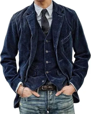Image de ASKSA Veste en velours côtelé Homme Veste Rétro Blazer en velours côtelé Costume décontracté avec poches Veste de costume élégante Regular Fit Veste décontractée Homme Manteau unicolore Revers,Bleu foncé,XL