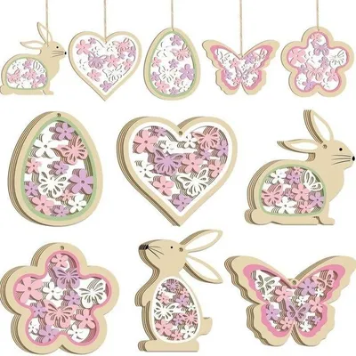 Osteranhänger aus Holz, 12 Stück, Hasen, Eier, Blumen, Schmetterlinge