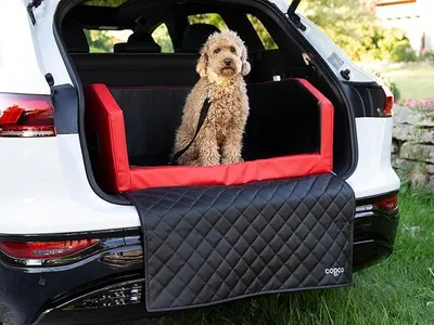 Produktbild von Hundebox Auto Kofferraumschutz Hund mit ladekantenschutz Kofferraum?Mit Tasche? Kofferraum schutzmatte herausnehmbar -Hunde Autositz mit Anschnallsystem, hundetransportbox 70x55x38cm Rot/Schwarz