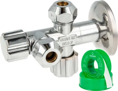 Produktbild von tecuro Doppeleckventil Eckventil 1/2 Zoll (DN 15), mit 2 x QV Ø 12 mm / 1/2 Zoll Abgängen, einzeln absperrbar - Messing verchromt