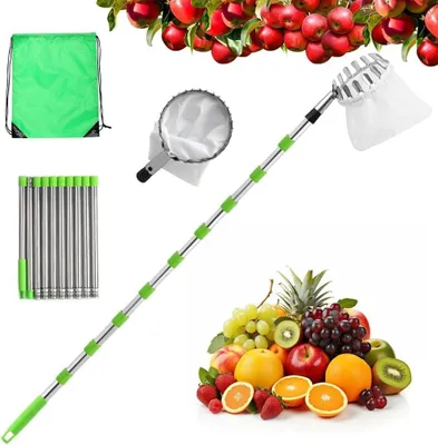 Produktbild von Teleskop Obstpflücker 4m Set, 10-teilig Obstsammler mit Auffangbeutel, Edelstahl Obstpflücker für Apfel, Orange & Obsternte ohne Leiter Garten