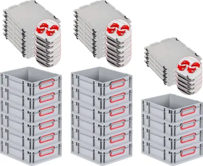 Produktbild von SuperSparSet 16x Eurobox NextGen Color mit Auflagedeckel und Schiebeschnappverschlüsse | HxBxT 12x30x40cm | 11 Liter | Grau | Griffe rot geschlossen | Glatter Boden | Eurobehälter, Transportbox, Transportbehälter, Stapelbehälter