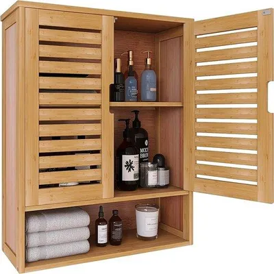 Zdjęcie produktu dla Szafka ścienna Famanu z 3 półkami - bambus - montaż na ścianie - 59 x 20,5 x 66,5 cm