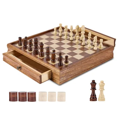 A wooden chess and checkers set with pieces arranged on the board and some pieces laid out in front.