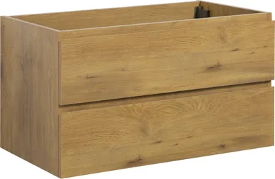 A wooden bathroom vanity cabinet with two drawers, shown from the front-left.