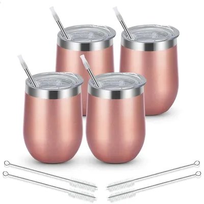Productafbeelding van RVS wijnglazen, set van 4, 350 ml, dubbelwandig, met deksel en rietje, roze goud