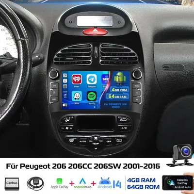 Obrázok produktu pre Autorádio 7 palcov pre modely Peugeot 206, 206CC, 206SW, výroba 2000-2008, s kamerou, operačným systémom Android 14, GPS navigáciou, CarPlay, Android Auto, Bluetooth handsfree a 4 GB RAM