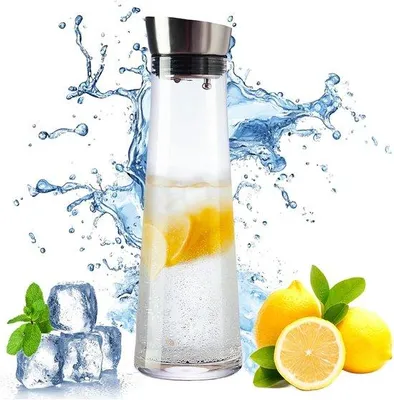 Image de Carafe à eau en cristal avec couvercle - 1 200 ml - Verre cristal - Couvercle brut - Carafe transparente pour boissons fraîches, thé, limonade, café et jus de fruits
