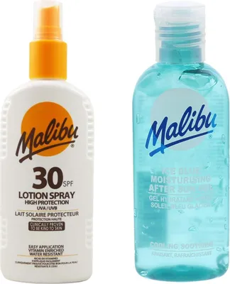 Productafbeelding van Malibu SPF30 waterbestendige zonnebrandspray 200 ml + aftersun gel 100 ml Bruiningsset