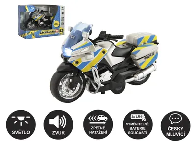 Produktbild von Polizeimotorrad, 12 cm, Metall/Kunststoff, tschechischsprachig, mit Rückwärtsgang, batteriebetrieben, mit Licht und Ton, in Verpackung (15 x 11 cm)