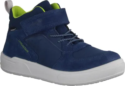 A single blue high-top shoe with green accents and a white sole, presented against a white background.