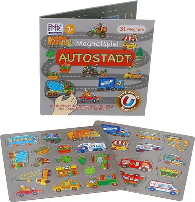 A magnetic game set for children, featuring various vehicles and city elements, displayed with its packaging and loose magnetic pieces.