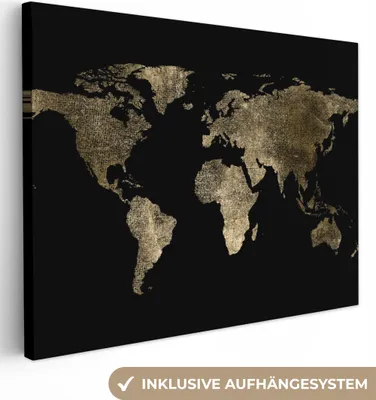 Obrázek produktu pro OneMillionCanvasses® - Plátna - Mapa světa - Zlatá - Černá - Země - nástěnné umění, nástěnné dekorace Obývací pokoj, 40x30cm
