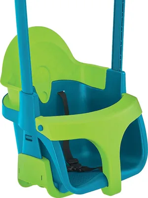 A close-up view of a baby swing seat.