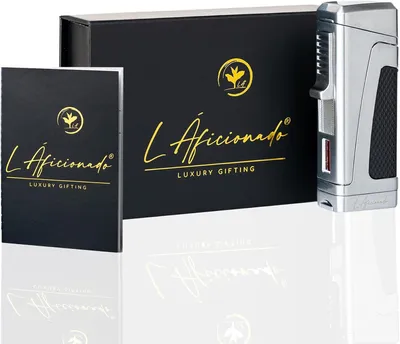Productafbeelding van By L Áficionado Luxe Jetflame aansteker, cadeau voor mannen, navulbare stormaansteker, elegante geschenkdoos, persoonlijke standaard, platina zilver