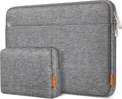 A grey laptop sleeve and a smaller grey pouch are shown side-by-side against a white background.