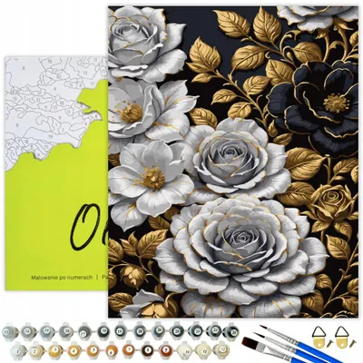 Produktbild von Oh Art! Malen Nach Zahlen Mit Holzrahme 40x50 cm - Goldene Farbe und Schwarzes Leinwand - Blumen Rosen - DIY Set Acrylfarben, 3 Pinseln, Zubehör