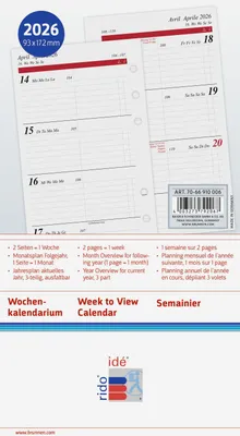 Immagine prodotto di rido® idé® 70-66 910 006 Calendario 2026 - Timing 2, inserto agenda settimanale - 1 settimana / 2 pagine, 9,3 x 17,2 cm