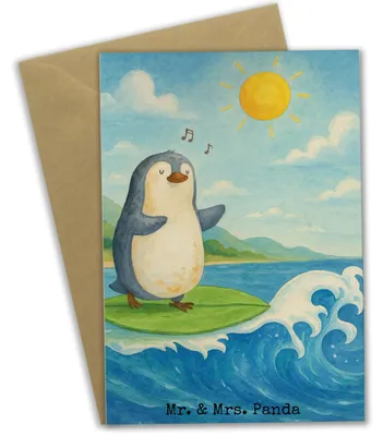 Produktbild von Mr. & Mrs. Panda Grußkarte Pinguin Surfer Design - Weiß - Geschenk, weihnachtskarten, glückwunschkarten, Portugal, hochzeitskarten, Urlaub, einladungskarten, Motiviert